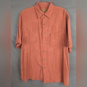 Caribbean 100% Silk Medium Short Sleeve Button Down With Fern Print In Orange
